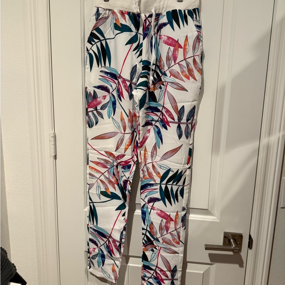 MissLook straight leg botanical print cotton pants elastic waist tie front S